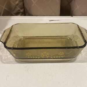 Amber Glass Loaf Pan With Yellow Flowers, 11” x 5 1/2”